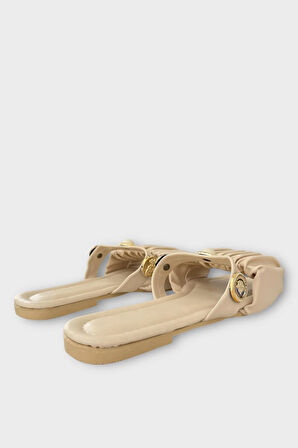 Kadın İnci Taşlı Büzgülü Terlik KREM