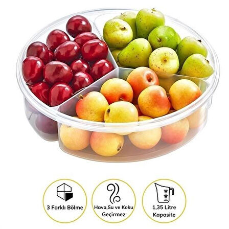 CT-STONES® 3 Bölmeli Sızdırmaz Contalı Kilitli Kapaklı 1,35 Litre yuvarlak Erzak Saklama Kabı LC-500