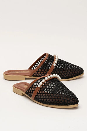 Kadın İnci Kemerli FileliTerlik SİYAH