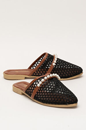 Kadın İnci Kemerli FileliTerlik SİYAH