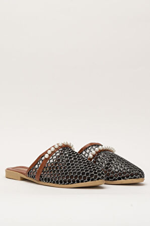 Kadın İnci Kemerli FileliTerlik SİYAH - GÜMÜŞ