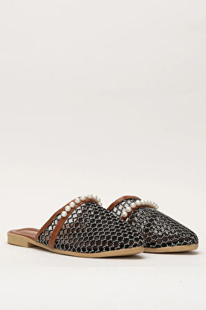 Kadın İnci Kemerli FileliTerlik SİYAH - GÜMÜŞ