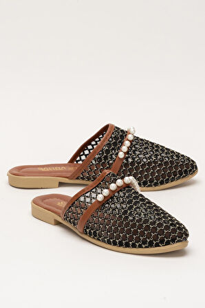 Kadın İnci Kemerli FileliTerlik SİYAH - ALTIN