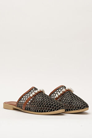 Kadın İnci Kemerli FileliTerlik SİYAH - ALTIN