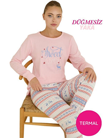 Kadın Bisiklet Yaka Düğmesiz Bilekler Lastikli/Jogger Yumuşak Termal Kışlık Pijama Takımı