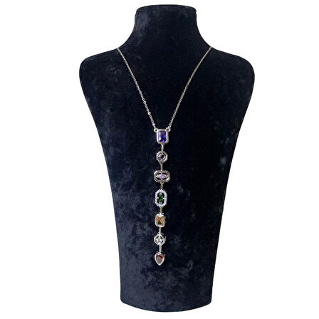 Uretti - Melik 9215 5638 Yedi Element Gümüş Renk Ve Renkli Taşlı Çelik Y Kolye