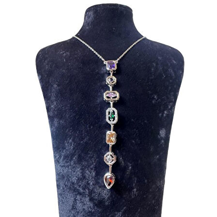 Uretti - Melik 9215 5638 Yedi Element Gümüş Renk Ve Renkli Taşlı Çelik Y Kolye