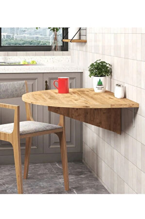 Reyo 90x60cm Atlantik Çam Mdf Yuvarlak Açılır Kapanır Duvara Monte Raf Masa Mutfak Masası
