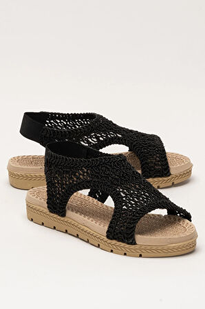 Kadın Önü Açık Örgü Desenli Lastikli Sandalet SİYAH