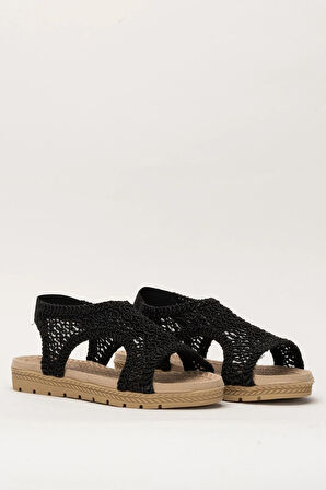 Kadın Önü Açık Örgü Desenli Lastikli Sandalet SİYAH