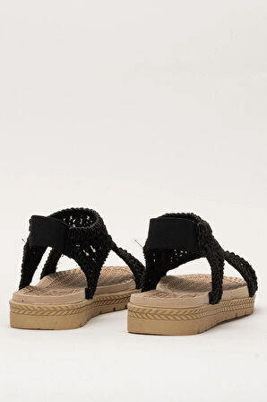 Kadın Önü Açık Örgü Desenli Lastikli Sandalet SİYAH