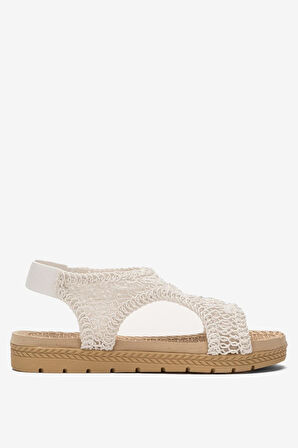 Kadın Önü Açık Örgü Desenli Lastikli Sandalet BEYAZ
