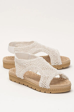 Kadın Önü Açık Örgü Desenli Lastikli Sandalet BEYAZ