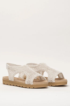 Kadın Önü Açık Örgü Desenli Lastikli Sandalet BEYAZ