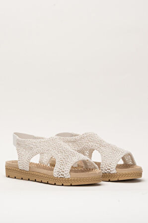 Kadın Önü Açık Örgü Desenli Lastikli Sandalet BEYAZ