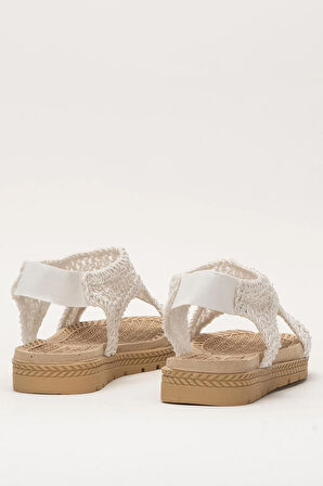 Kadın Önü Açık Örgü Desenli Lastikli Sandalet BEYAZ