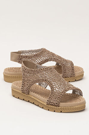 Kadın Önü Açık Örgü Desenli Lastikli Sandalet VİZON