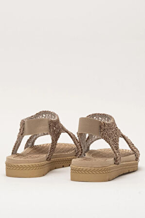 Kadın Önü Açık Örgü Desenli Lastikli Sandalet VİZON