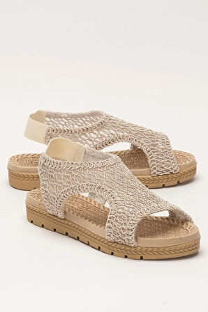 Kadın Önü Açık Örgü Desenli Lastikli Sandalet BEJ