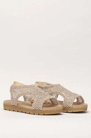 Kadın Önü Açık Örgü Desenli Lastikli Sandalet BEJ