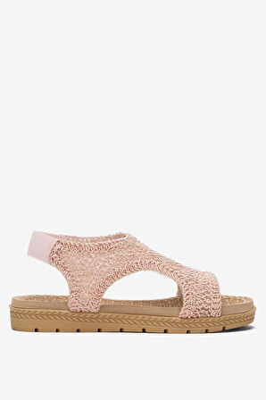 Kadın Önü Açık Örgü Desenli Lastikli Sandalet PUDRA