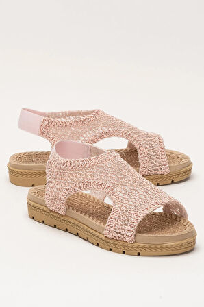 Kadın Önü Açık Örgü Desenli Lastikli Sandalet PUDRA