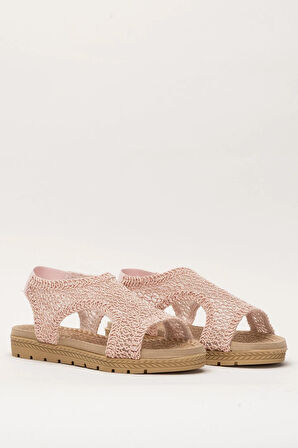 Kadın Önü Açık Örgü Desenli Lastikli Sandalet PUDRA