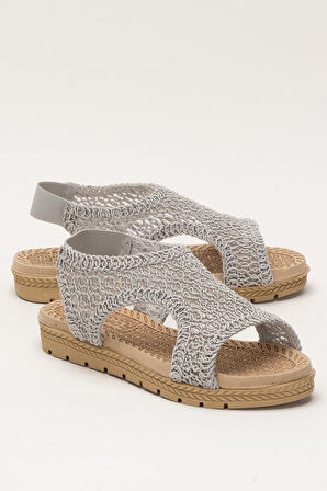 Kadın Önü Açık Örgü Desenli Lastikli Sandalet GRİ