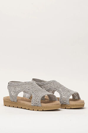 Kadın Önü Açık Örgü Desenli Lastikli Sandalet GRİ