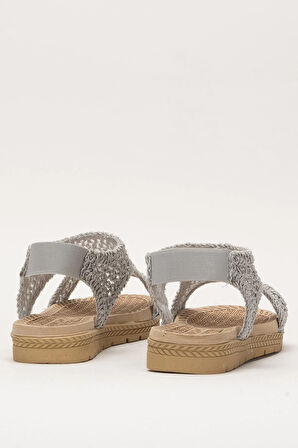 Kadın Önü Açık Örgü Desenli Lastikli Sandalet GRİ