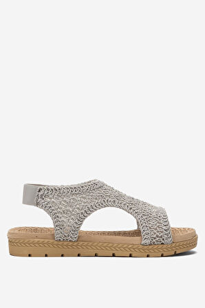 Kadın Önü Açık Örgü Desenli Lastikli Sandalet GRİ