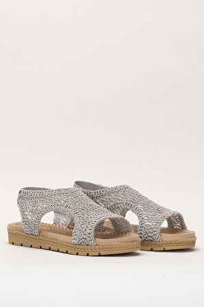 Kadın Önü Açık Örgü Desenli Lastikli Sandalet GRİ