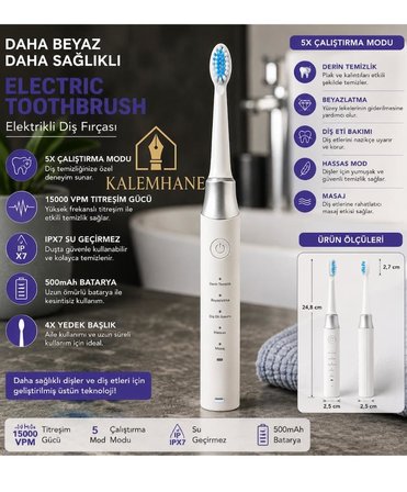 Kalemhane Şarjlı Elektrikli Diş Fırçası IPX7 Su Geçirmez 15000vpm