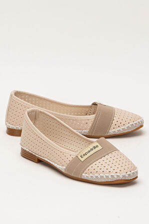 Kadın Yazlık Düz Taban Espadril Babet Ayakkabı KREM