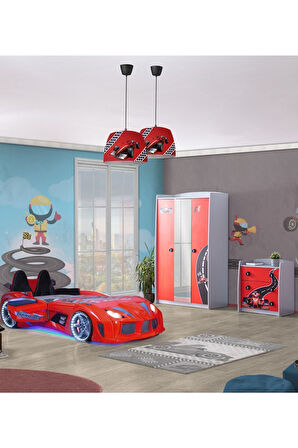 Formula Genç Odası - 3 Kapılı Dolap, Audi Koltuklu Arabalı Yatak, Şifonyer - Kırmızı