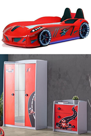 Formula Genç Odası - 3 Kapılı Dolap, Jaguar Koltuklu Arabalı Yatak, Şifonyer - Kırmızı