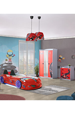 Formula Genç Odası - 3 Kapılı Dolap, Jaguar Koltuklu Arabalı Yatak, Şifonyer - Kırmızı