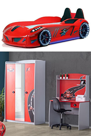 Formula Genç Odası - 3 Kapılı Dolap, Jaguar Full Ledli Arabalı, Masa - Kırmızı