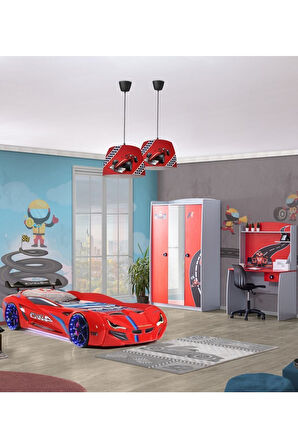 Formula Genç Odası - 3 Kapılı Dolap, Mercedes Full Ledli Arabalı Yatak, Masa - Kırmızı