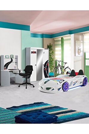 Formula Genç Odası - 3 Kapılı Dolap, Jaguar Full Ledli Arabalı, Masa - Beyaz