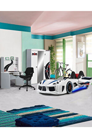 Formula Genç Odası, 3 Kapılı Dolap, Audi Koltuklu Arabalı Yatak, Masa - Beyaz