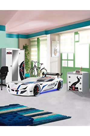Formula Genç Odası - 3 Kapılı Dolap, Mercedes Full Ledli Arabalı Yatak, Şifonyer - Beyaz