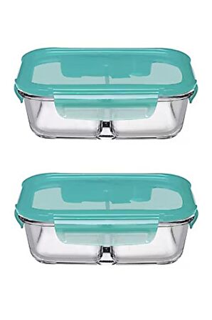 Cam 2li Kelepçeli Bölmeli Vakumlu Saklama Kabı Yeşil 630cc 530276