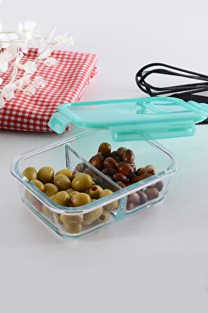 Cam 2li Kelepçeli Bölmeli Vakumlu Saklama Kabı Yeşil 630cc 530276