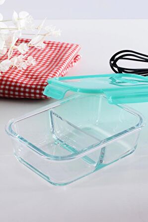 Cam 2li Kelepçeli Bölmeli Vakumlu Saklama Kabı Yeşil 630cc 530276