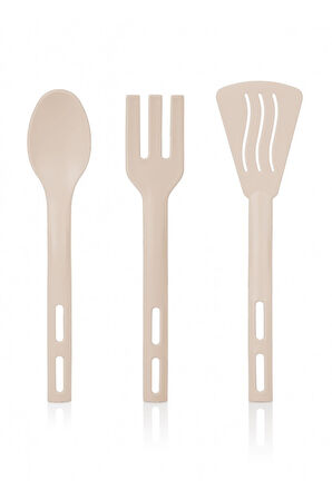3lü Mini Plastik Spatula Kaşık Çatal Servis Seti Takımı Krem