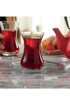 96994 8 Parça Cam İnce Belli Sunumluklu Çay Bardağı Seti