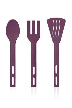 3lü Mini Plastik Spatula Kaşık Çatal Servis Seti Takımı Mor