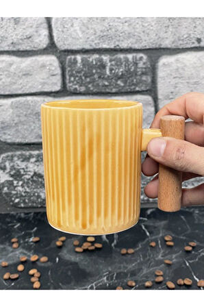 Ahşap Kulplu Seramik Mug Kupa Bardak 225cc 1 Adet Sarı