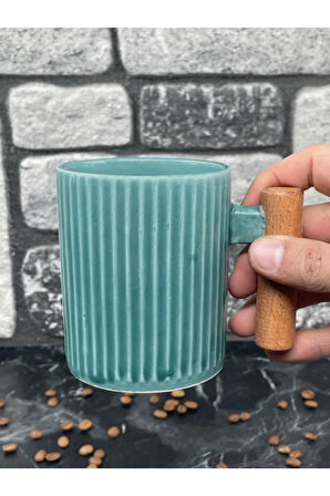 Ahşap Kulplu Seramik Mug Kupa Bardak 225cc 1 Adet Mavi